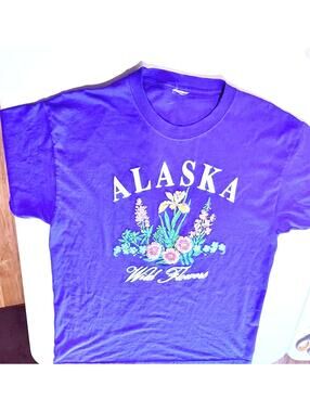 Vintage Purple Alaska Wildflowers Puffy Paint T Shirt
